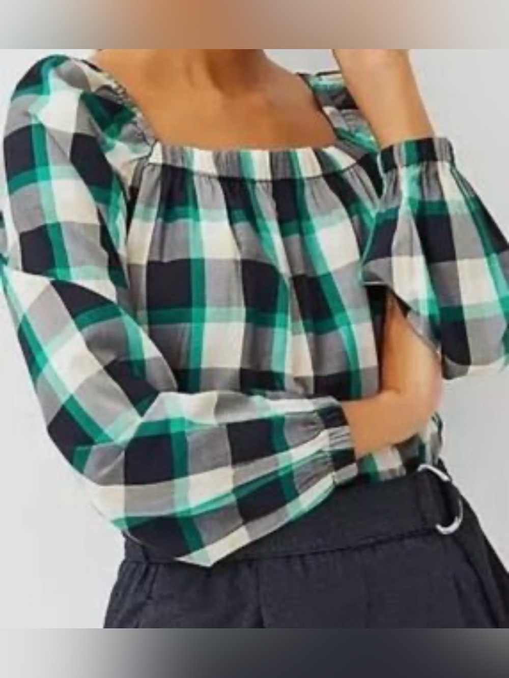 Ann Taylor Plaid Ruched Square Neck Top Long Puff Sleeve Multicolor small NWT